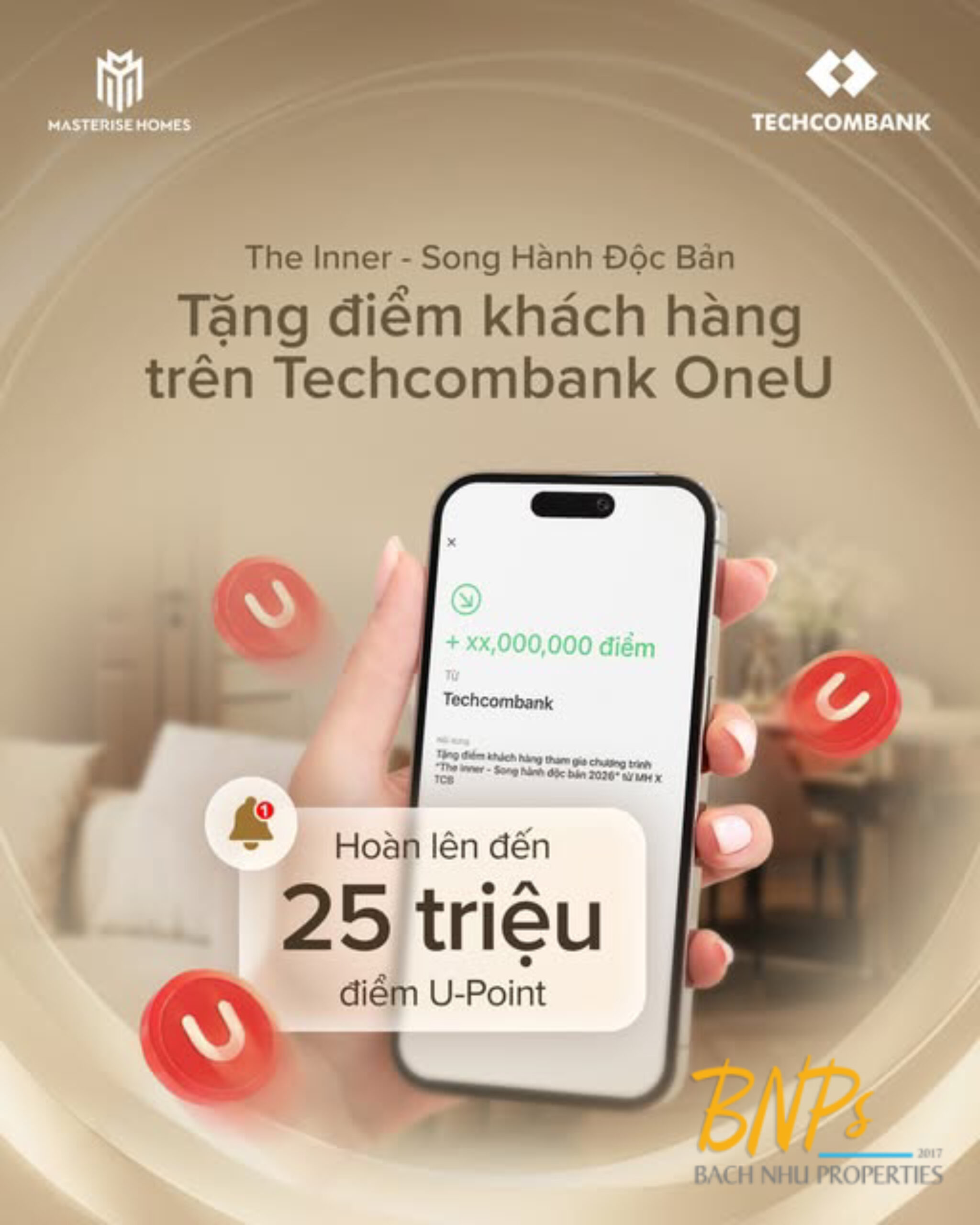 Đặc quyền Masterise Homes và Techcombank thiết kế - Đặc Quyền Khách Hàng Trên Techcombank OneU - Bách Như Properties - BNPs