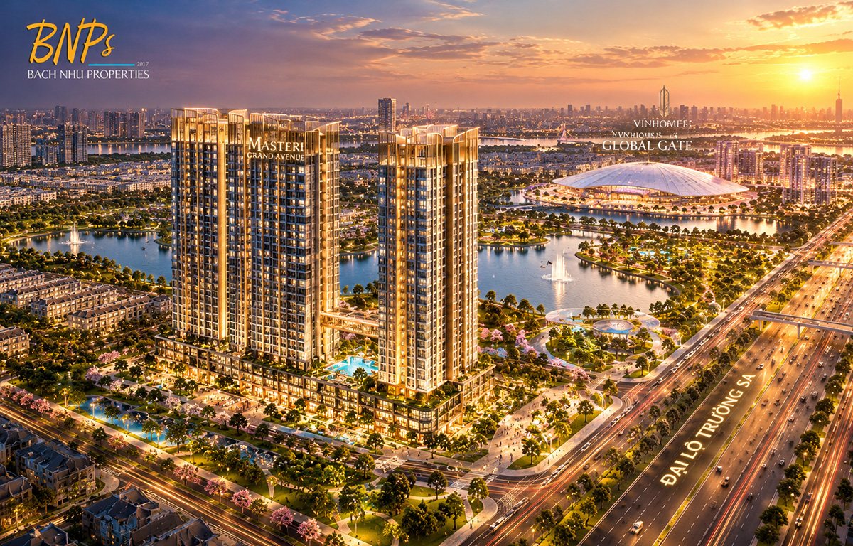Phối cảnh góc nhìn trên cao bao quát toàn cảnh dự án Masteri Grand Avenue rực rỡ tại khu đô thị Global Gate Đông Anh